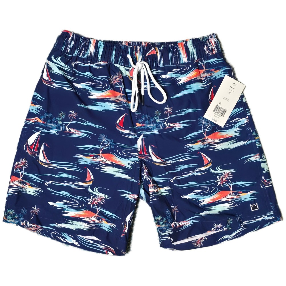 Men Crown & Ivy Swim Trunks SZ S Sailboat Island Print Blue Drawstring Short (W)